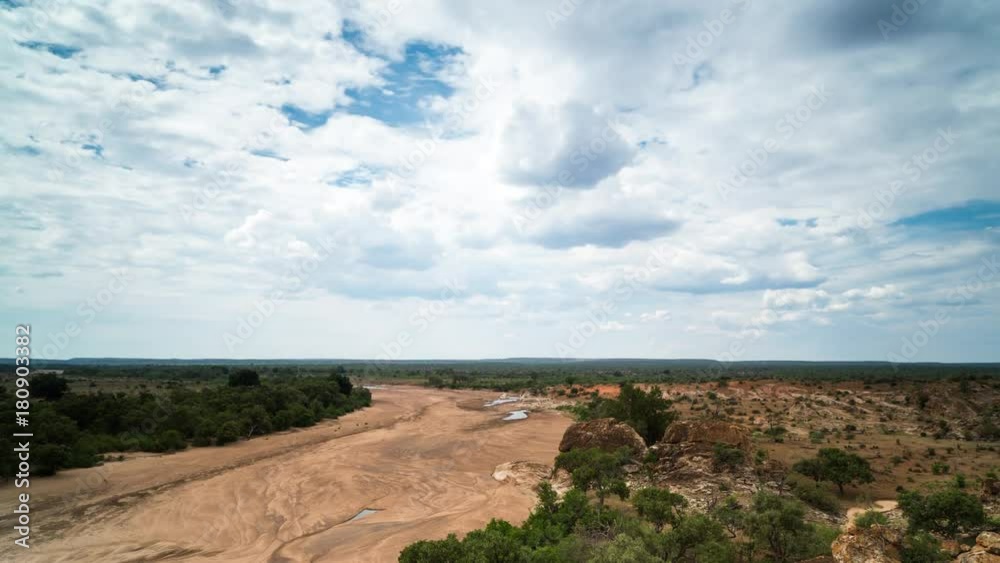 A slow tilt-up timelapse of a dry Motloutse River in Mashatu Game Reserve, Botswana at the start of summer with stormy clouds building up late afternoon. A slow tilt-up timelapse of a dry Motloutse River in Mashatu Game Reserve, Botswana at the start of summer with stormy clouds building up late afternoon.