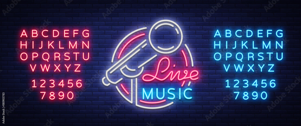 © Ivan - Live musical vector neon logo, sign, emblem, symbol poster with microphone. Bright banner poster, neon bright sign, nightlife club advertising, karaoke, bar and other institutions with music. Editing