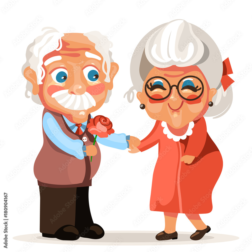 Cute, adorable cartoon seniors couple in love (romantic). Old man gives the  beautiful red rose to his wife old women. Active seniors vector characters  Stock Vector | Adobe Stock