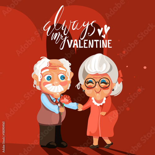 Valentine's Day card. Cute, adorable cartoon senior couple in love (romantic). Old man gives the beautiful red rose to his wife old women. Active seniors vector characters