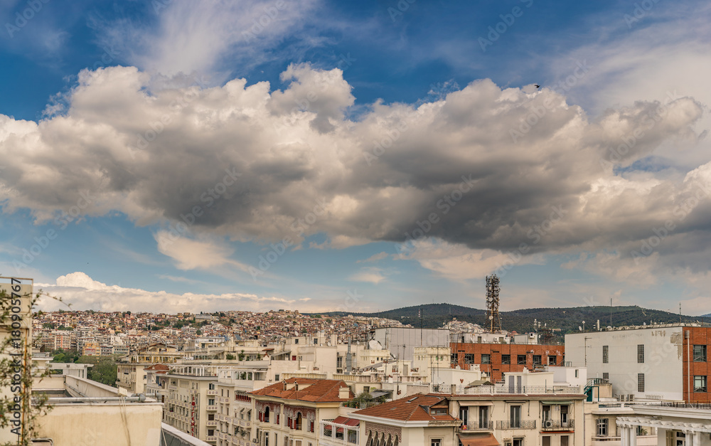 Rare Panoramic view of Aristotelous and the Old Town of Thessaloniki City, under the beautiful sky of Greece