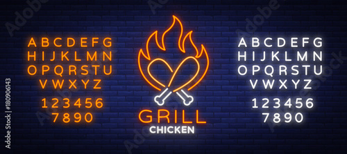 Logo Chicken Grill emblem, neon-style sign for food store, restaurant. Neon sign, glowing banner, nocturnal bright advertisement chicken barbecue. Vector illustration. Editing text neon sign
