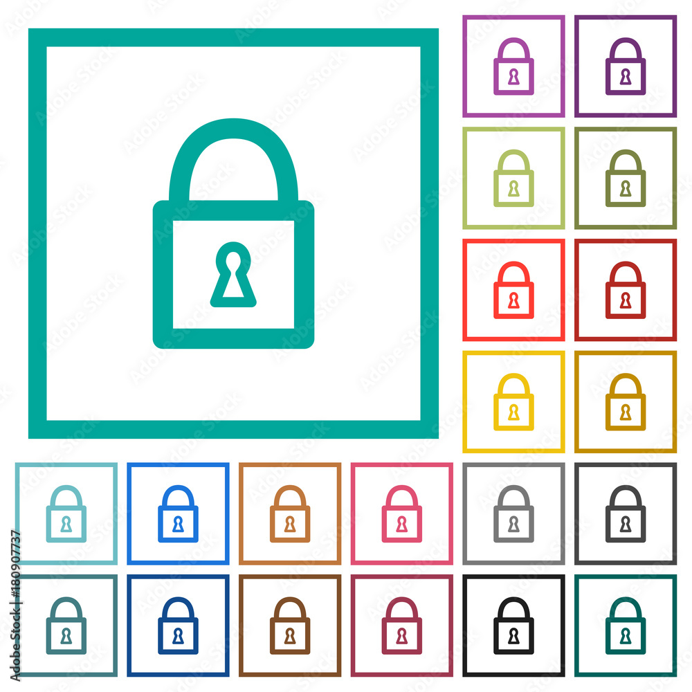 Locked padlock with keyhole flat color icons with quadrant frames Locked padlock with keyhole flat color icons with quadrant frames