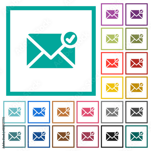 Mail sent flat color icons with quadrant frames
