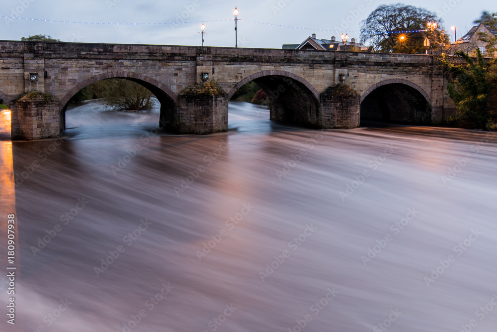 The River Wharfe in full flow during Storm Brian, in Wetherby, Yorkshire