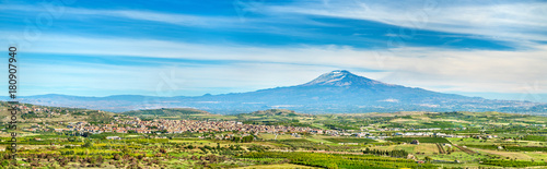 Panorama of Sicily with Mount Etna and Scordia town. Italy