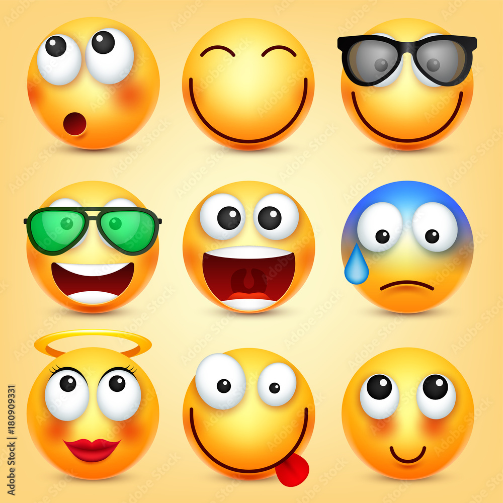 Smiley,emoticons set. Yellow face with emotions. Facial expression. 3d realistic emoji. Funny cartoon character.Mood. Web icon. Vector illustration. Smiley,emoticons set. Yellow face with emotions. Facial expression. 3d realistic emoji. Funny cartoon character.Mood. Web icon. Vector illustration.