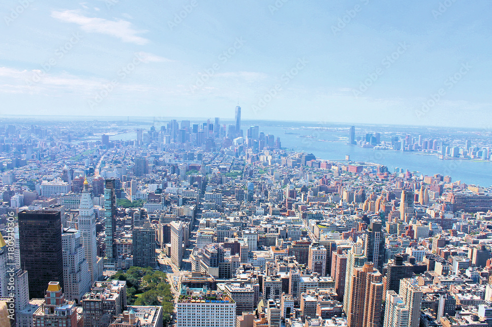 Manhattan, New York City: aerial view of midtown and downtown along Hudson River
