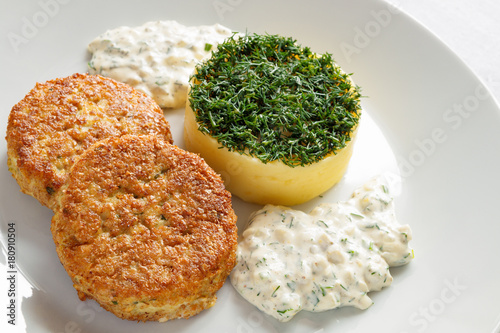 pike cutlets with potato mash and tartar sauce