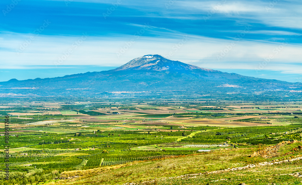 Panorama of Sicily with Mount Etna in the background. Italy