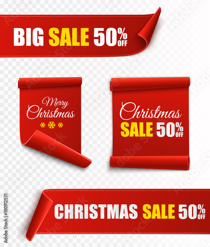 Set of red Christmas banners. Paper scrolls. Vector Xmas sale stickers.