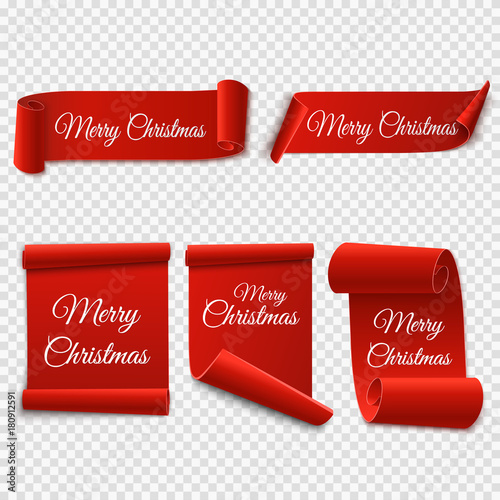 Merry Christmas red paper banner. Set of Xmas stickers isolated. Vector