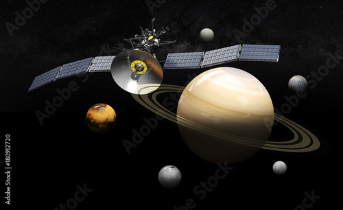 Fototapeta Naklejka Na Ścianę i Meble -  Satellite Orbiting Saturn. 3D Illustration, on black background