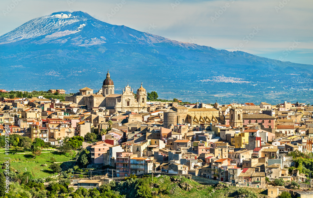 View of Militello in Val di Catania with Mount Etna in the background - Sicily, Italy