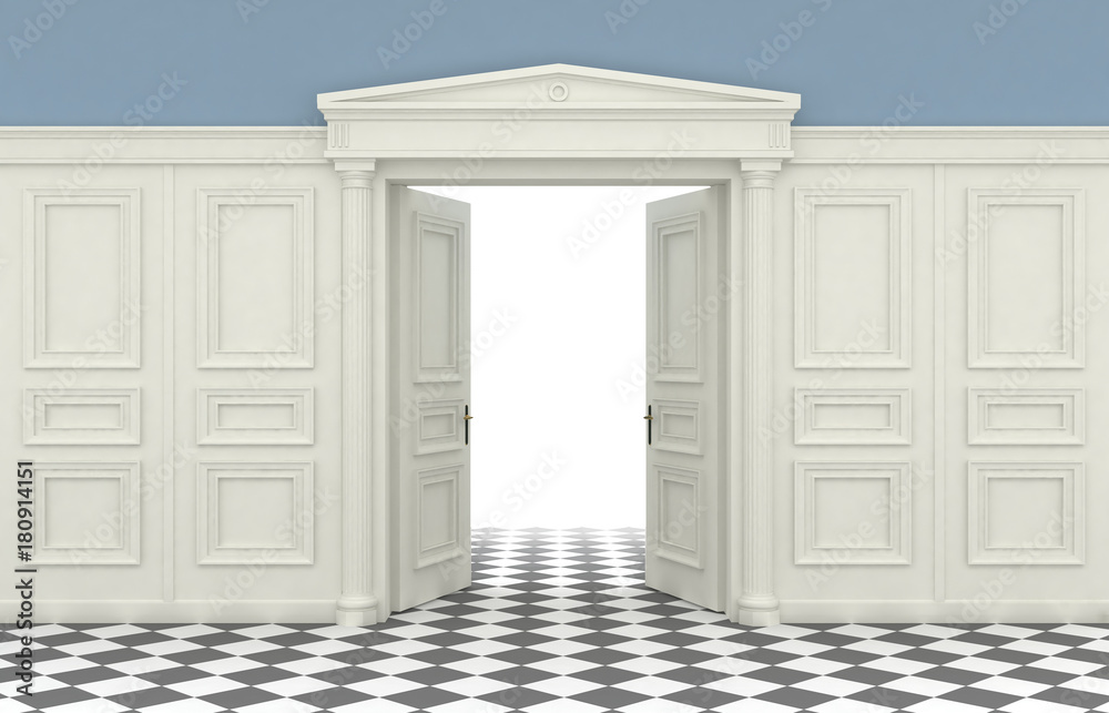 Fototapeta premium 3D illustration. Background with classic wall with wooden panelling and double doors