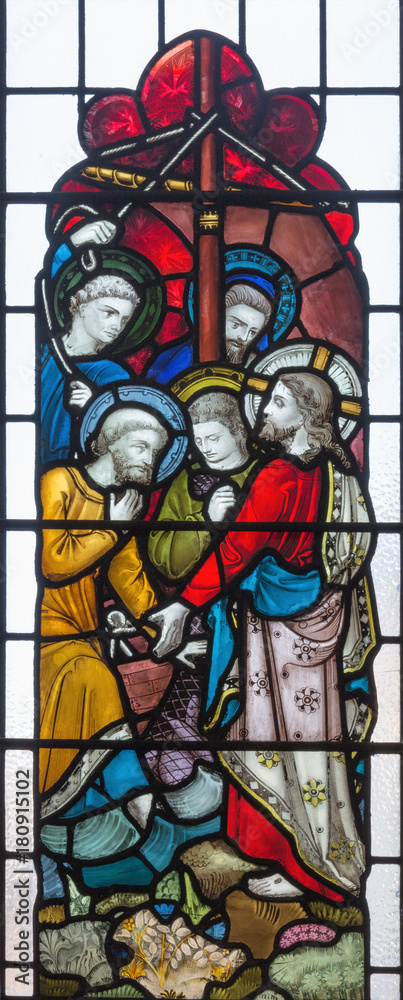 LONDON, GREAT BRITAIN - SEPTEMBER 19, 2017: The Christ Calling Peter and Andrew on the stained glass in St Mary Abbot's church on Kensington High Street.