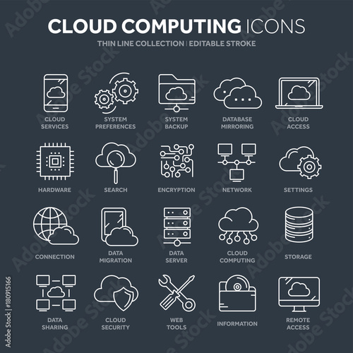Cloud omputing. Internet technology. Online services. Data, information security. Connection. Thin line blue web icon set. Outline icons collection.Vector illustration.