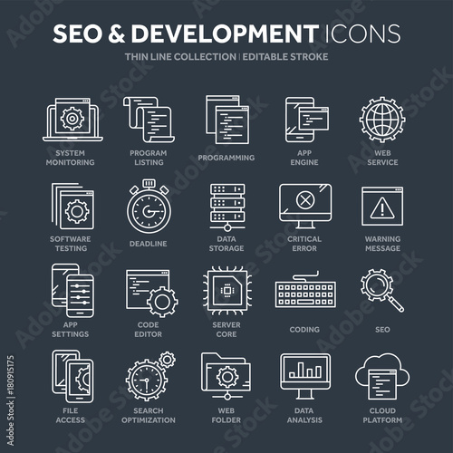 Seo and app development. Search engine optimization. Internet, e-commerce.Thin line blue web icon set. Outline icons collection. Vector illustration.