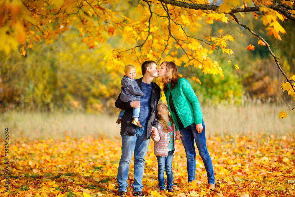 happy family strolls in the autumn park, amicably hold hands, dad kisses mom. happy family strolls in the autumn park, amicably hold hands, dad kisses mom.