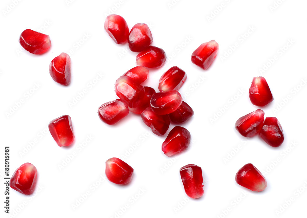 pomegranate seeds isolated on white background. top view. pomegranate berries. pomegranate seeds isolated on white background. top view. pomegranate berries.
