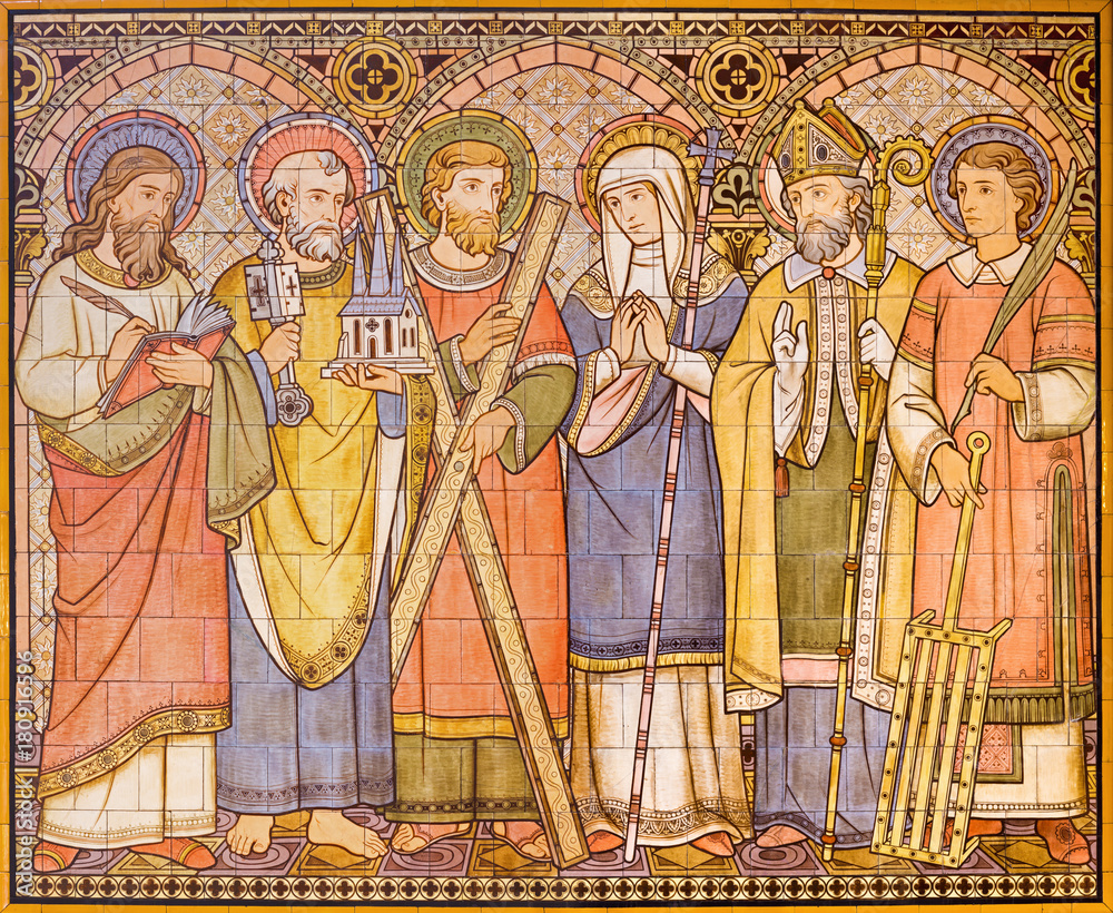LONDON, GREAT BRITAIN - SEPTEMBER 15, 2017: The tiled mosaic of Apostles  and saints in church All Saints designed by Butterfield and painted by  Alexander Gibbs (1873). Stock Photo | Adobe Stock