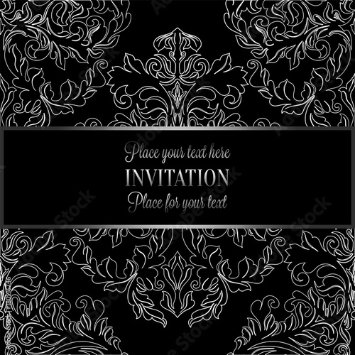Baroque background with antique, luxury gray, black and metal silver vintage frame, victorian banner, damask floral wallpaper ornaments, invitation card, baroque style booklet, fashion pattern