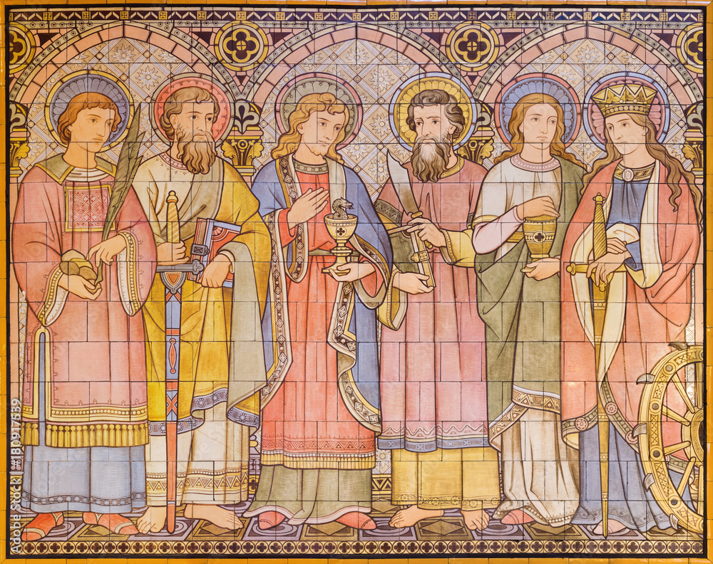 LONDON, GREAT BRITAIN - SEPTEMBER 15, 2017: The tiled mosaic of Apostles and saints in church All Saints designed by Butterfield and painted by Alexander Gibbs (1873).