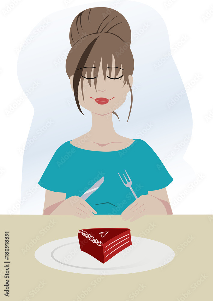 Young happy girl prepares to eat a piece of cake. Vector.
