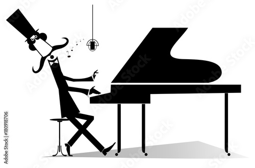 Pianist original silhouette isolated. Mustache gentleman in the top hat is playing music on piano and singing 
