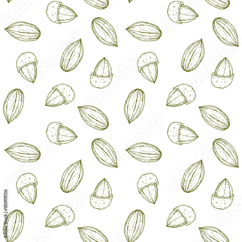 Seamless pattern with almonds in retro vintage hand drawn, sketches, engraved style. Isolated on white background. Modern vector illustration.