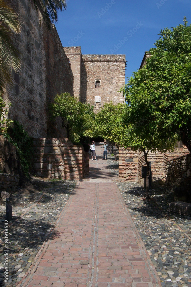 Spain Andalusia Malaga : exterior of the castle of Alcazaba (Castillo Alcazaba)  and Malaga skyline. May 2008