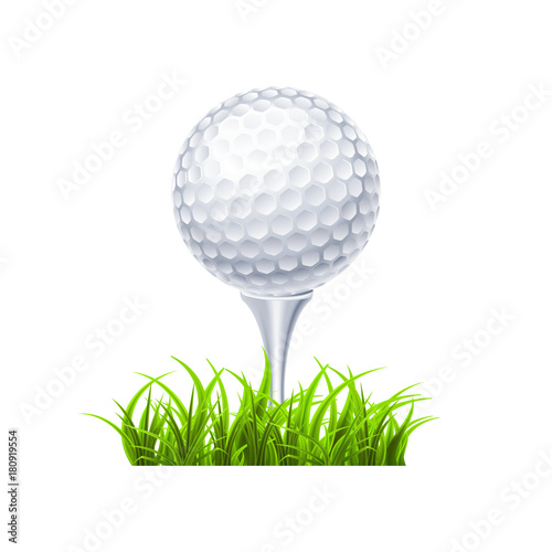 Golf ball on white tee realistic vector illustration isolated