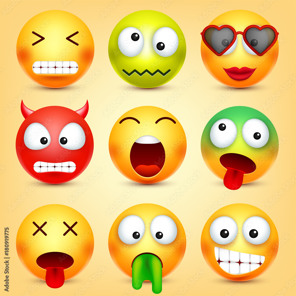 Smiley,emoticons set. Yellow face with emotions. Facial expression. 3d realistic emoji. Funny cartoon character.Mood. Web icon. Vector illustration.