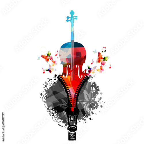 Music colorful design with contrabass. Music instrument vector illustration. Contrabass instrument with music notes and zipper
