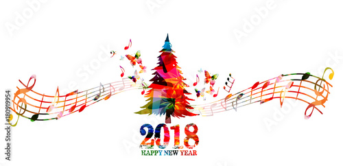 Christmas tree vector illustration. Happy New Year 2018 inscription with colorful christmas tree design background
