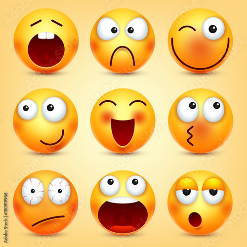 Smiley,emoticons set. Yellow face with emotions. Facial expression. 3d realistic emoji. Funny cartoon character.Mood. Web icon. Vector illustration.
