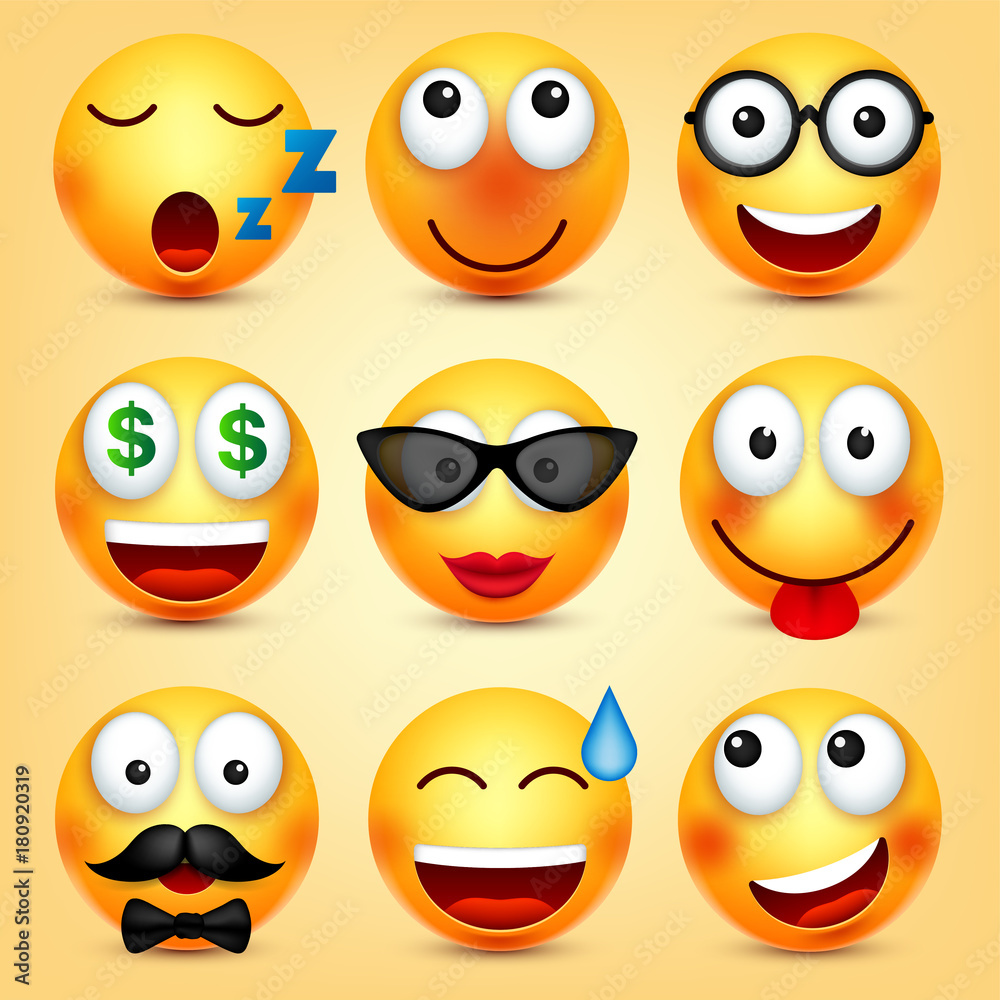 Smiley,emoticons set. Yellow face with emotions. Facial expression. 3d realistic emoji. Funny cartoon character.Mood. Web icon. Vector illustration. Smiley,emoticons set. Yellow face with emotions. Facial expression. 3d realistic emoji. Funny cartoon character.Mood. Web icon. Vector illustration.