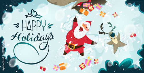 Happy Santa Claus and reindeer making a Snow Angel. Cute Christmas characters for Holiday design. Christmas Greeting Card for invitation, congratulation. Vector illustration
