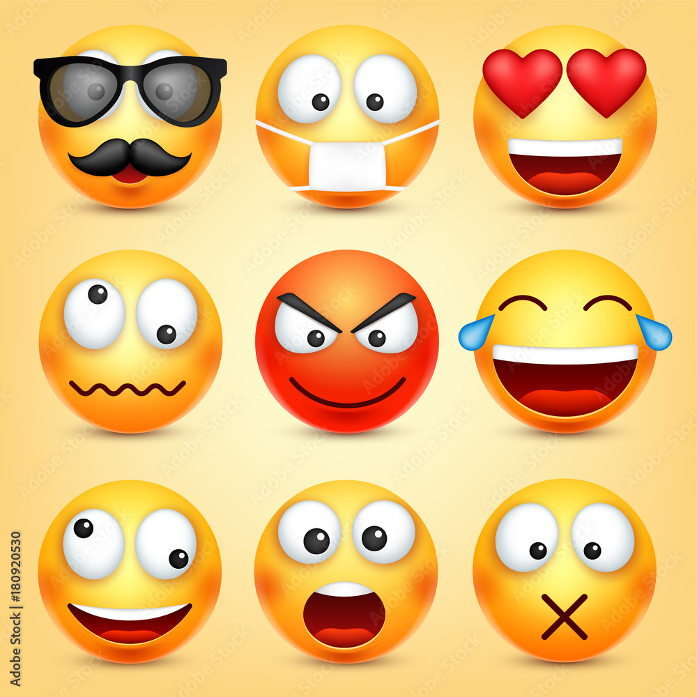 Smiley,emoticons set. Yellow face with emotions. Facial expression. 3d realistic emoji. Funny cartoon character.Mood. Web icon. Vector illustration. Smiley,emoticons set. Yellow face with emotions. Facial expression. 3d realistic emoji. Funny cartoon character.Mood. Web icon. Vector illustration.