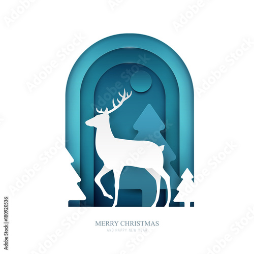 Deer on winter forest in paper cut trendy craft cartoon style. Christmas, new year modern design for advertising, branding background greeting card, cover, poster, banner. Vector illustration.