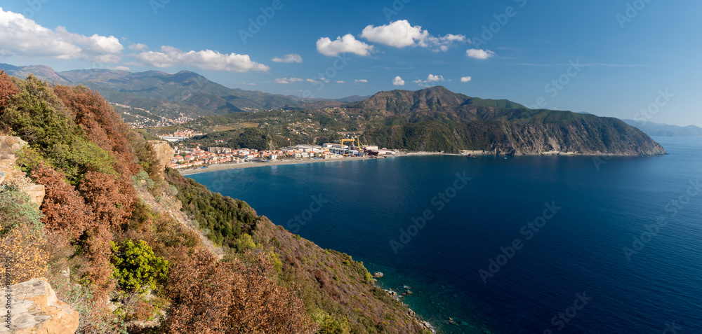 Panoramic view of the Riviera di Levante, in Liguria; the small town along the coastline is Riva Trigoso
