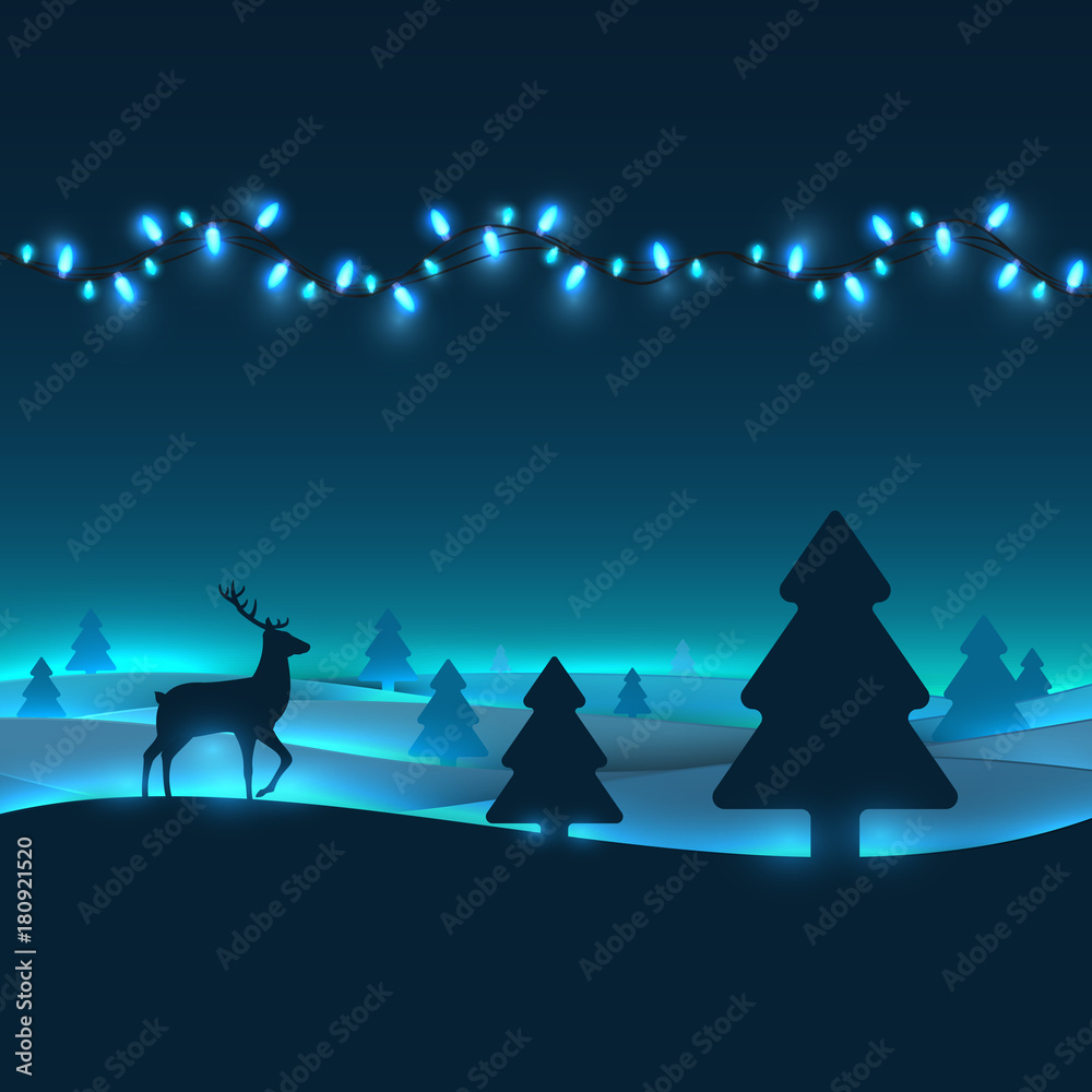 Winter with deer forest in paper cut trendy craft cartoon style. Christmas, new year modern design for advertising, branding background greeting card, cover, poster, banner. Vector illustration.