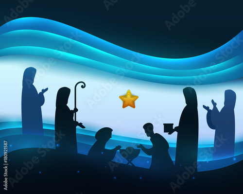 Baby jesus born in Bethlehem in paper cut trendy craft cartoon style. Christmas, new year modern design for advertising, branding background greeting card, cover, poster, banner. Vector illustration.