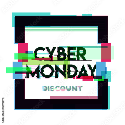 Square banner, sign, label with cyber monday inscription in distorted glitch style on white background. Design element for event advertising, branding, shares, promotion. Vector illustration.