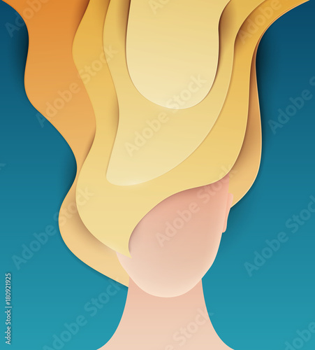 Head of girl with long white hair in paper cut trendy craft style. Modern fashion minimalistic vector background.