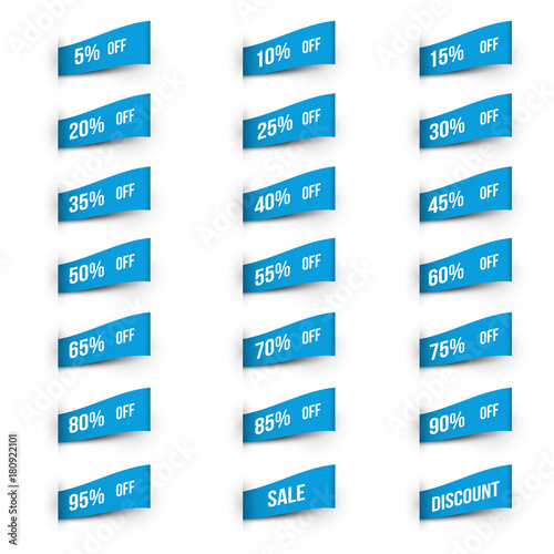 Set of discount labels. Blue ribbon or strip for design promote branding, advertising. Vector illustration.