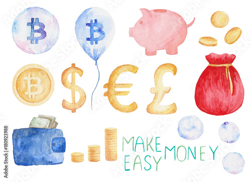 Watercolor currency set: bitcoin, dollar, euro, pound. Money concept. Illustration for design, print or background