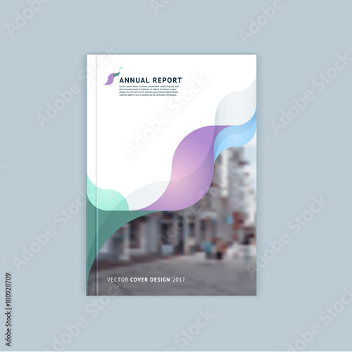 Abstract cover design, business brochure template, layout, report, magazine or booklet in A4 with blue green blurred dynamic waves, soft lines and smooth forms. Vector.