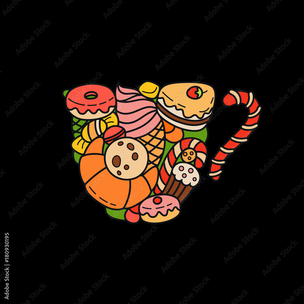 Sweets pastry logo element, cofee shop print. Sweets dessert logo illustration, cake and bakery icon food.