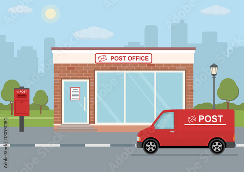 Post office building, delivery truck and mailbox on city background. Flat style, vector illustration. 
